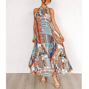 🟠NWT Colorful Abstact Design Sleeveless Maxi Dress with Back Cutout